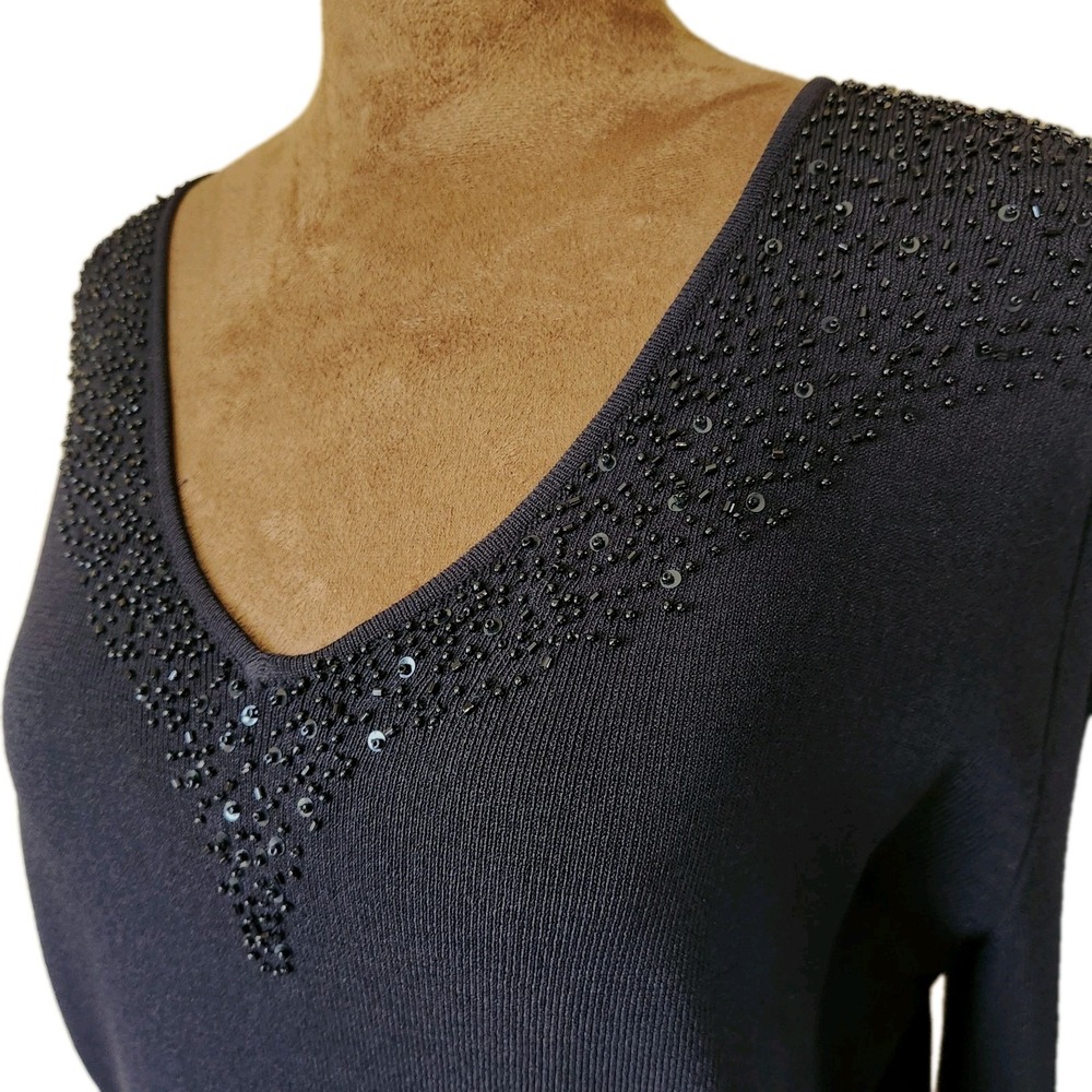 Dressbarn Sweater Women's Size L ‎ Lightweight Black Beaded Sequins Knit